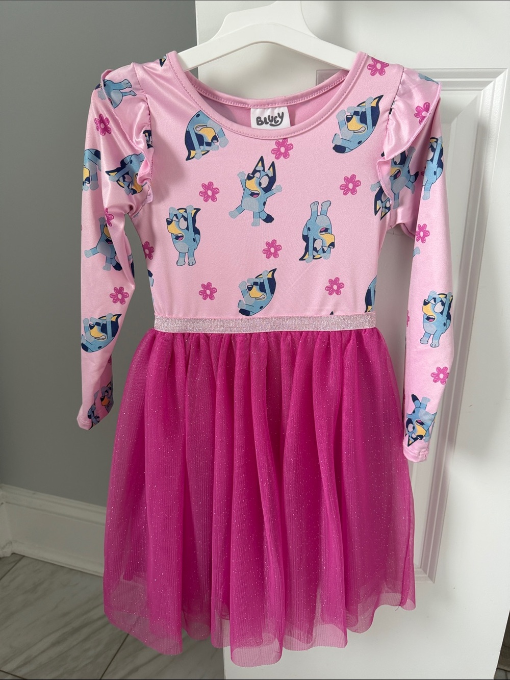 Bluey Pink Long Flutter Sleeve Dress- Girls 4T
